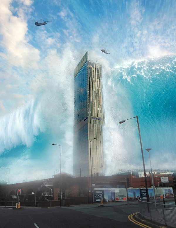 Keine echtes Foto eines Tsunamis, sondern ein am Computer entstandenes Bild.